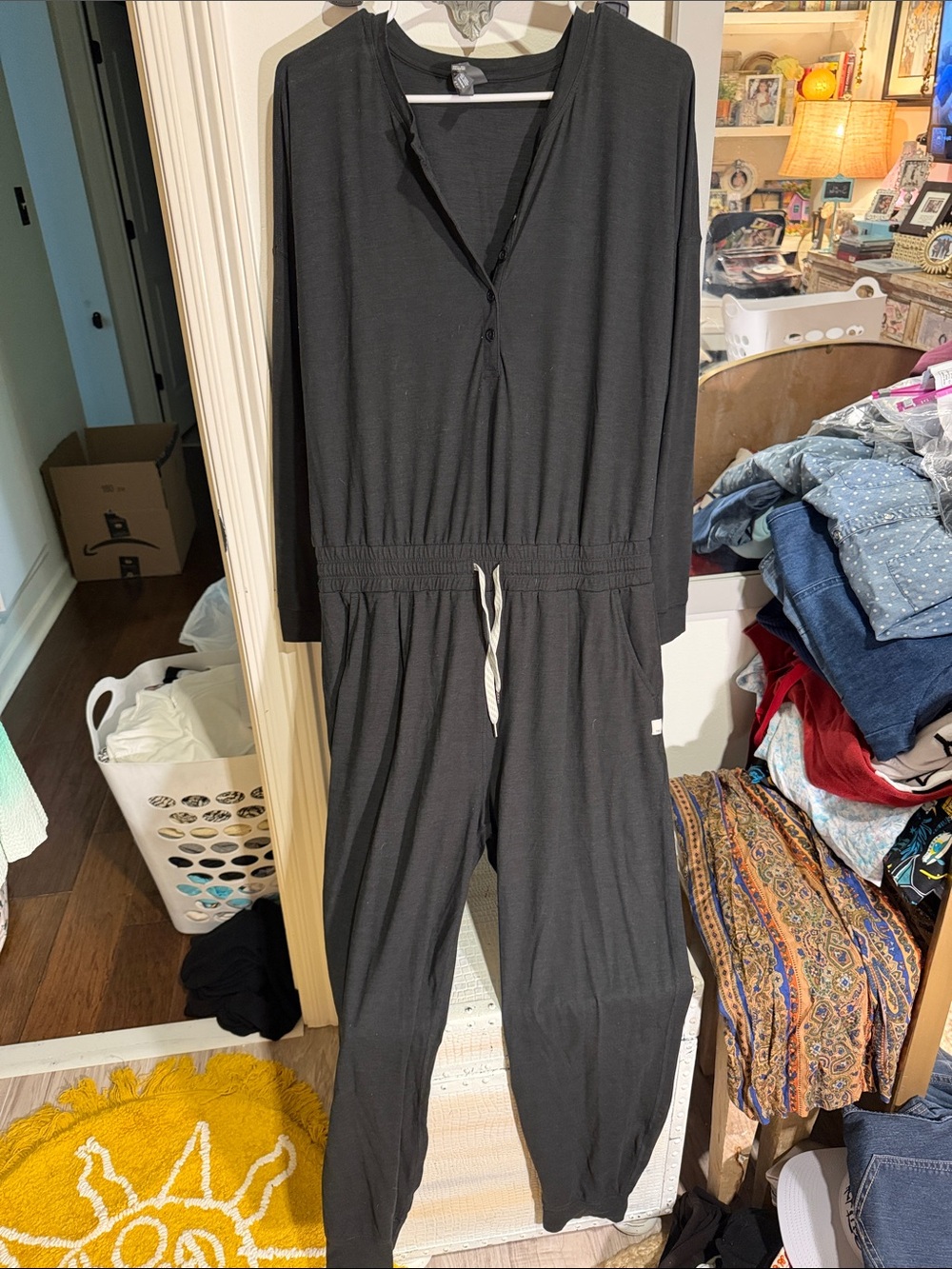 Vuori Black Long-Sleeve Jumpsuit with Drawstring Waist